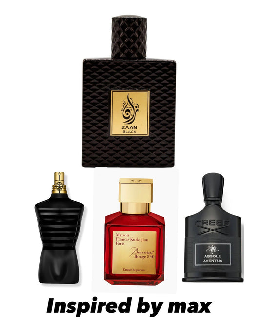 Zaan Black 100mml inspired by mix of baccarat rouge 540 edp vs extrait. creed absolu aventus. jpg le male le parfum