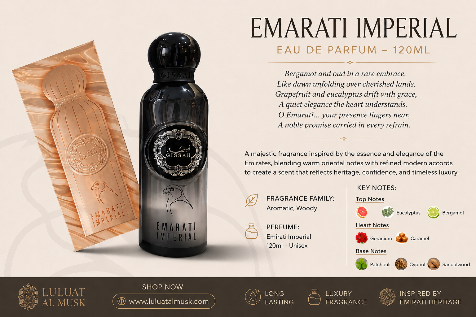 Emarati Imperial by Gissah | Luxury Woody Aromatic Perfume 120ml | Luluat Al Musk