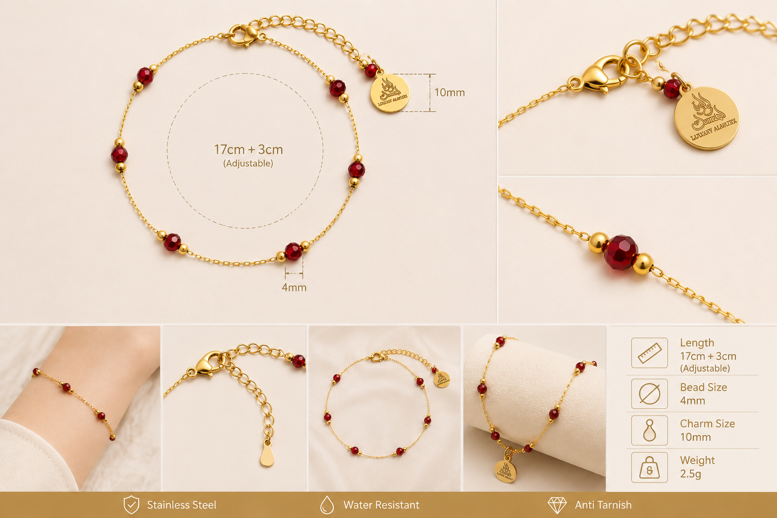 Luluat Almusk Ruby Bead Bracelet – Gold