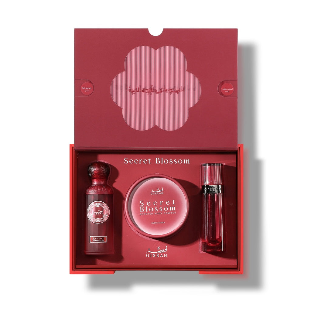 Secret Blossom Gift Set by Gissah – EDP, Body Powder & Khamriya Collection