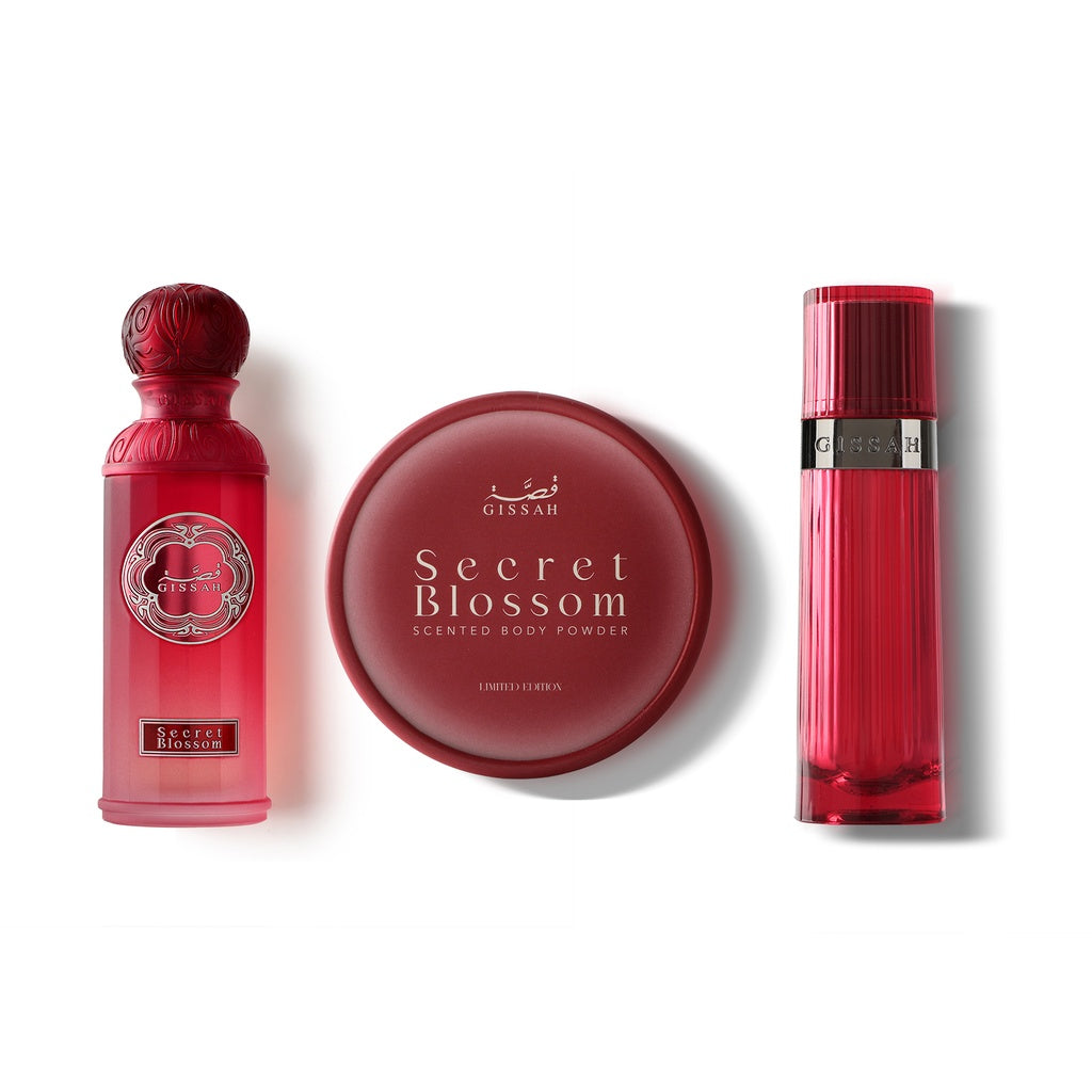 Secret Blossom Gift Set by Gissah – EDP, Body Powder & Khamriya Collection