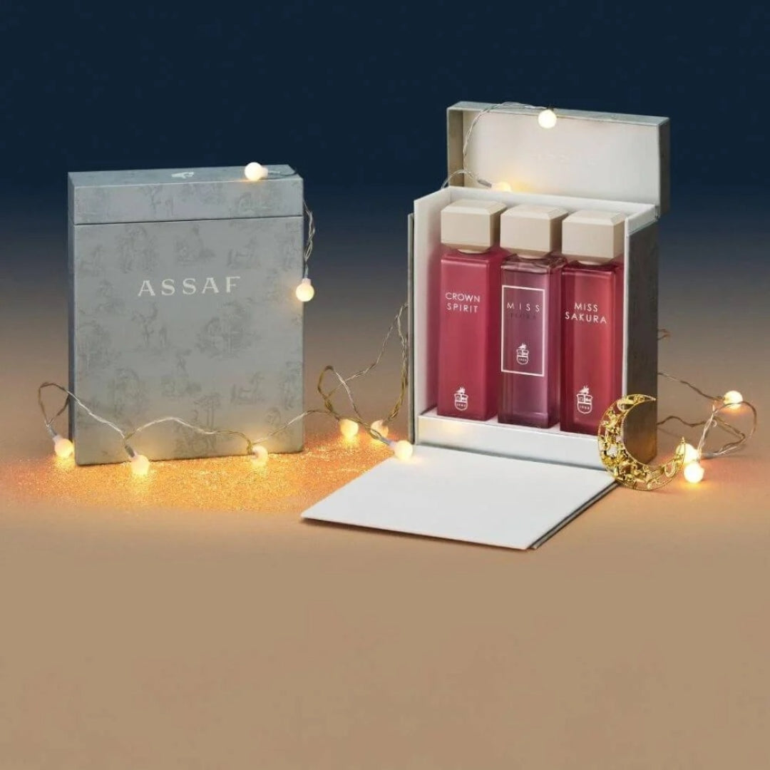 MISS COLLECTION by Assaf 600ML Set | Miss Flora + Miss Sakura + Crown Spirit

باكس ميس من عساف 600 مل | فلورا + ساكورا + كراون سبيريت
